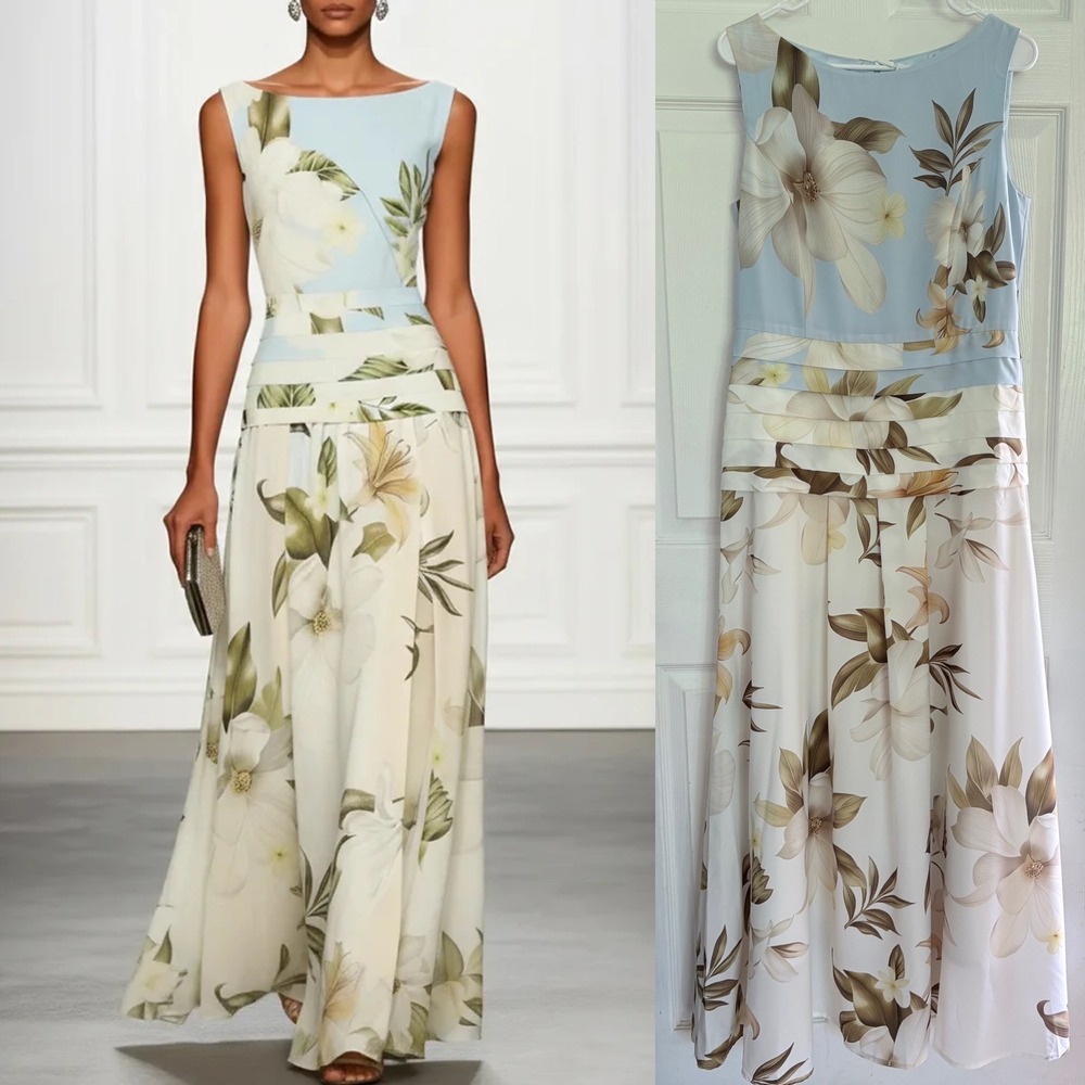 FEHAUTE Maxi Dress Size 10 Blue Floral Sleeveless Tiered Waist Formal Gown NWT